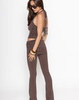 TOP
Polka dot halter top
Adjustable tie top
Ruched bust
Unlined
Length: 19"
Rayon/Spandex
BOTTOM
Polka dot pant
Fold over
Ruched sides
Flare bottom
Rayon/Spandex
Length: 39"
Runs small
brown polka dot tank top and pant set