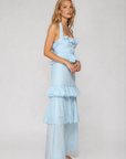 blue tired maxi dress
blue wedding guest dress
ruffle trim