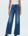 Relaxed, ultra wide leg silhouette
High rise waist
Comfort stretch denim
Waist: 26" / Rise: 12" / Length: 33"
Cotton/Spandex
medium wash blue denim jeans
