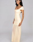 Mesh off the shoulder maxi dress
Rouched bodice
Back zipper closure
Partially lined in nude pink fabric
Partially sheer
cream colored maxi dress
butter yellow half sheer maxi dress
yellow wedding guest dress