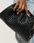 black Woven clutch bag
Detachable chain strap
Snap frame closure
Inner zipper pocket
black bag clutch