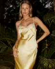 yellow Satin maxi dress
Elastic stretch spaghetti straps
Lace applique detail around neckline and back
Size invisible zipper closure
wedding guest dress
spring summer wedding guest dress