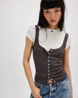 dark grey Button down timeless tank top
Wide square neckline and pointelle detail
Scoop back
Soft cotton fabrication
Slim fit, hip length