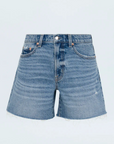 Mid-rise denim short
Medium length
Relaxed fit
Medium blue denim wash
Whiskering and a frayed, distressed hem