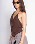 brown Halter V neck top
Adjustable neck strap
V neck cross over front
Lined
brown going out top
summer top