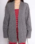grey Fuzzy marled knit cardigan
Open front
Long sleeves
Front pockets
grey robe cardigan