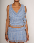 cowl neck top. periwinkle set. summer outfit. summer set. going out outfit. plaid set. ruffled mini skirt