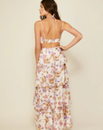 Floral printed eyelet woven tiered maxi dress. Adjustable straps. Front drawstring closure. Back cut out. Elastic back strap. Back hook and eye and zipper closures. Fully lined. Guest wedding dress. Floral dress. Coquette dress.