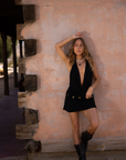 Crossover halter micro mini dress
Deep V-neckline
Adjustable neck tie
Open back
Fully lined
black deep v mini dress
coachella mini dress
stagecoach mini dress
festival outfit