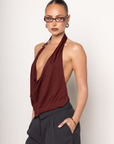 Halter top
Adjustable neck and back straps
Cowl neckine
Open back
Lined
red burgundy cowl neck halter top
going out top
holiday top
holiday outfit