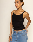 Scoop neck baby ribbed tank top
Sleeveless
Fitted
Fixed straps
Midweight
black basic tank top