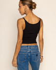 Scoop neck baby ribbed tank top
Sleeveless
Fitted
Fixed straps
Midweight
black basic tank top