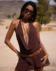 brown Tiered halter mini dress
Front and back cowl drape
Adjustable neck tie
Lined
coachella outfit
coachella dress
stagecoach outfit
stagecoach dress
festival outfit