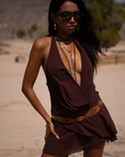 brown Tiered halter mini dress
Front and back cowl drape
Adjustable neck tie
Lined
coachella outfit
coachella dress
stagecoach outfit
stagecoach dress
festival outfit