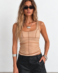 tan beige Layered tank top
Chiffon top layer
Cinched
U neckline
Lined