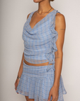 cowl neck top. periwinkle set. summer outfit. summer set. going out outfit. plaid set. ruffled mini skirt