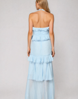 blue tired maxi dress
blue wedding guest dress
ruffle trim