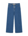 blue Wide leg denim pant
Hidden waistband with adjustable drawstring
5 pocket construction
Button closure
Unlined
Cotton/Polyester