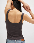 dark grey Button down timeless tank top
Wide square neckline and pointelle detail
Scoop back
Soft cotton fabrication
Slim fit, hip length