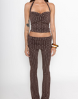 TOP
Polka dot halter top
Adjustable tie top
Ruched bust
Unlined
Length: 19"
Rayon/Spandex
BOTTOM
Polka dot pant
Fold over
Ruched sides
Flare bottom
Rayon/Spandex
Length: 39"
Runs small
brown polka dot tank top and pant set