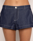 Woven denim mini shorts
Button and zipper closure
2 side pocket construction
Contrast stitching
Back elastic waistband
faux denim mini shorts
summer shorts
summer outfit
