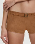 Soft suede micro shorts
Medium coverage
Functional belt with belt buckle
tan brown suede swim short
