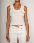 Eyelet pointelle tank top
Ruffle trim detail
Racerback
Scoop neckline
Has stretch
Unlined/partial sheer
White basic tank top
