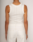 Eyelet pointelle tank top
Ruffle trim detail
Racerback
Scoop neckline
Has stretch
Unlined/partial sheer
White basic tank top