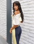 Track pant capri pant
Elastic waistband
2 toned
Unlined
blue and yellow capri pant