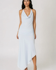 Chiffon halter neck mini dress
Cowl neckline
Adjustable neck tie
Cinched sides
Asymmetrical hem
Side zipper closure
Partially lined
blue midi wedding guest dress