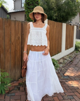 white Tiered maxi skirt
Adjustable drawstring
Lined
Length: 35.5"
Lyocell/Polyester
hamptons east coast outfit