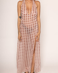 Chiffon checkered printed maxi dress
Halter neck
Deep plunge neckline
Thigh-high slit
Side zipper closure
Unlined/sheer
gingham printed sheer dress
sheer cover up
resort wear cover up dress