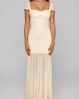 Mesh off the shoulder maxi dress
Rouched bodice
Back zipper closure
Partially lined in nude pink fabric
Partially sheer
cream colored maxi dress
butter yellow half sheer maxi dress
yellow wedding guest dress