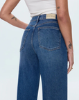 Relaxed, ultra wide leg silhouette
High rise waist
Comfort stretch denim
Waist: 26" / Rise: 12" / Length: 33"
Cotton/Spandex
medium wash blue denim jeans
