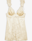 cream Satin slip mini dress with lace detailing
Crafted in a chic floral jacquard
Adorned with lace trims
Ruched underwire cups
Low drawstring back
Skinny chiffon tie bows and rosettes throughout
Unlined
Adjustable shoulder straps
Hook and eye closure at center-back
Polyester/Elastane
lingerie slip dress
