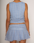 cowl neck top. periwinkle set. summer outfit. summer set. going out outfit. plaid set. ruffled mini skirt