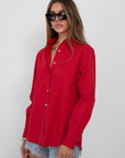 red Button down top
Long sleeve
Collared
Unlined
fall transition top