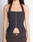 Blue Knit plaid halter tank top
Adjustable neck tie
Bottom hem V opening
Front hook and eye closures
Length: 14.5"
Polyester/Spandex/Rayon
Going out top