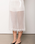 Sequin midi skirt
Lace trim
Back zipper closure
Inner shorts lining
Partially lined/Sheer
white sequin midi skirt
holiday outfit