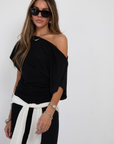 black Draped short sleeve top
Unlined
going out top