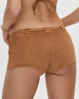 Soft suede micro shorts
Medium coverage
Functional belt with belt buckle
tan brown suede swim short