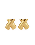 Gold-colored, layered crossover 'X' shaped earrings on a white background