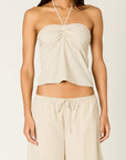 cream Striped halter top
Straight neckline
Adjustable neck tie
A center ruched twist detail at the bust
Side zipper closure
Cotton/Polyester
spring top
summer top