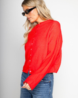 Fuzzy knit cardigan
Crewneck
Front button down closures
Long sleeves
Unlined
red cardigan
fall cardigan
fall outfit
