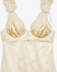 cream Satin slip mini dress with lace detailing
Crafted in a chic floral jacquard
Adorned with lace trims
Ruched underwire cups
Low drawstring back
Skinny chiffon tie bows and rosettes throughout
Unlined
Adjustable shoulder straps
Hook and eye closure at center-back
Polyester/Elastane
lingerie slip dress