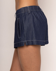 Woven denim mini shorts
Button and zipper closure
2 side pocket construction
Contrast stitching
Back elastic waistband
faux denim mini shorts
summer shorts
summer outfit