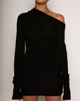 Knit dress. Off the shoulder neckline. Ruched long sleeves. Elastic ruched sides. Unlined. black mini dress. fall outfit. fall dress. little black dress. summer dress