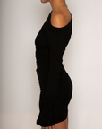 Knit dress. Off the shoulder neckline. Ruched long sleeves. Elastic ruched sides. Unlined. black mini dress. fall outfit. fall dress. little black dress. summer dress
