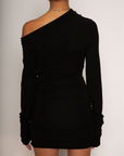 Knit dress. Off the shoulder neckline. Ruched long sleeves. Elastic ruched sides. Unlined. black mini dress. fall outfit. fall dress. little black dress. summer dress