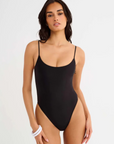 black One piece swimsuit
Scoop neck
Open back
High cut